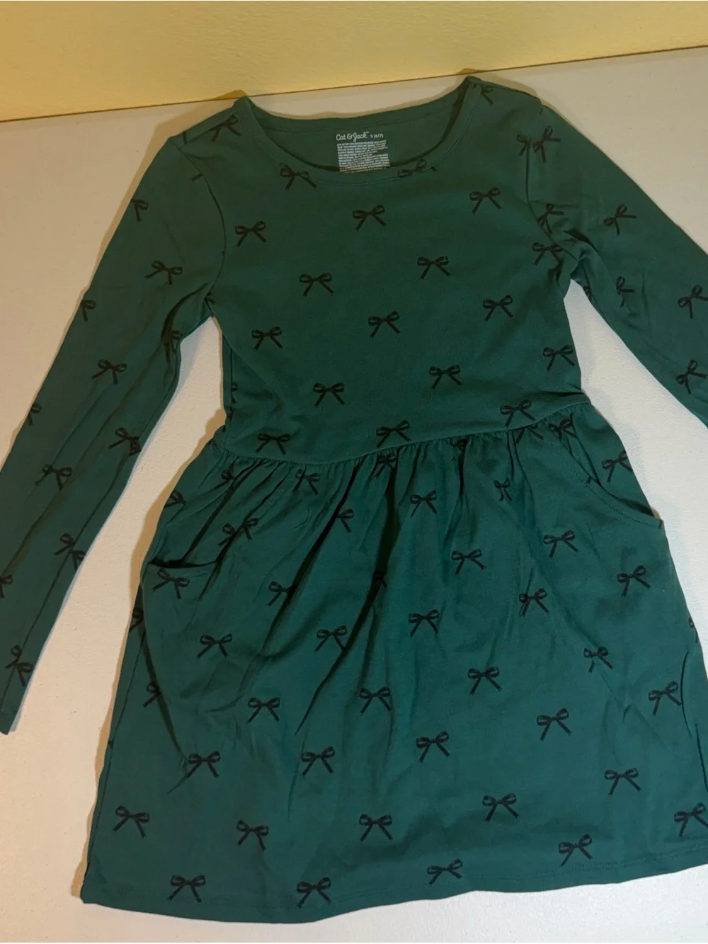 Cat & Jack Girl’s Forest Green Long Sleeve Bow Print Dress NWT 6/7